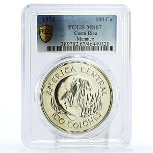 Costa Rica 100 colones Wildlife Conservation Manatee MS67 PCGS silver coin 1974