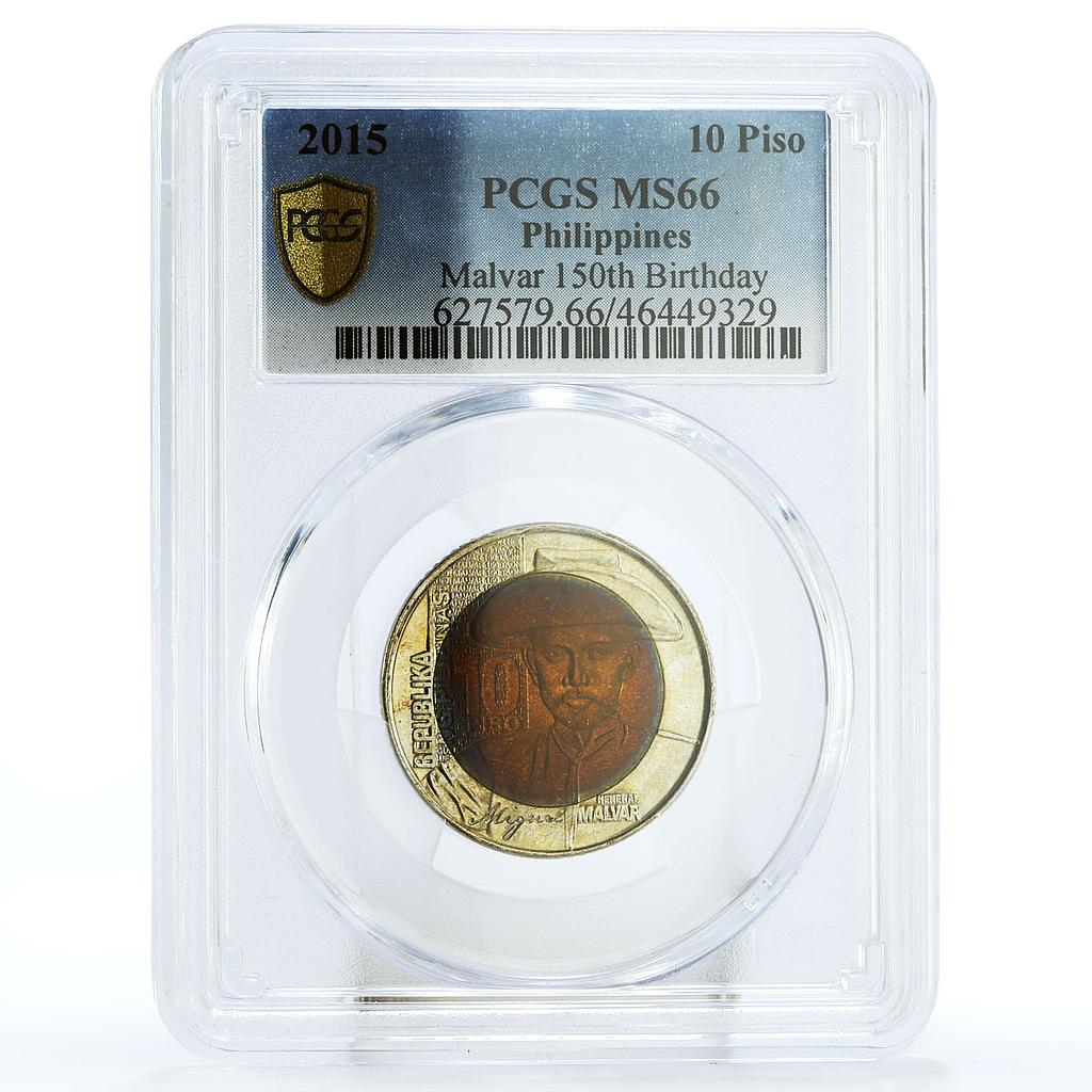 Philippines 10 piso Birthday of Sailor Miguel Malvar MS66 PCGS bimetal coin 2015