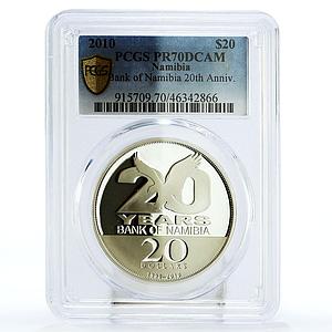 Namibia 20 dollars 20 Years Central Bank Eagle Bird PR70 PCGS silver coin 2010