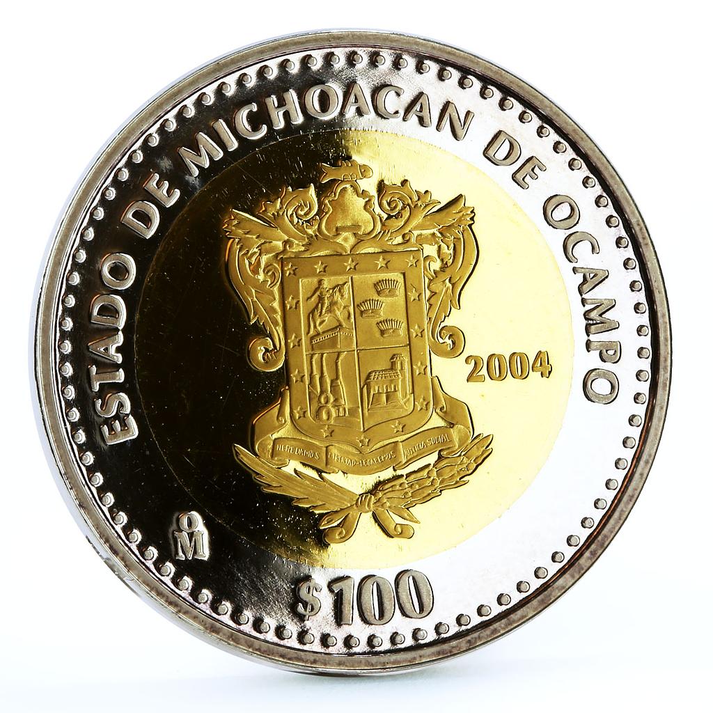 Mexico 100 pesos 180 Years Federation Michoacan Coat of Arms AgAu coin 2004