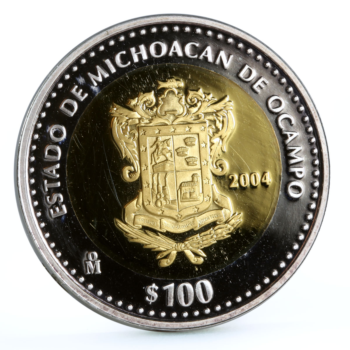 Mexico 100 pesos 180 Years Federation Michoacan Coat of Arms AgAu coin 2004