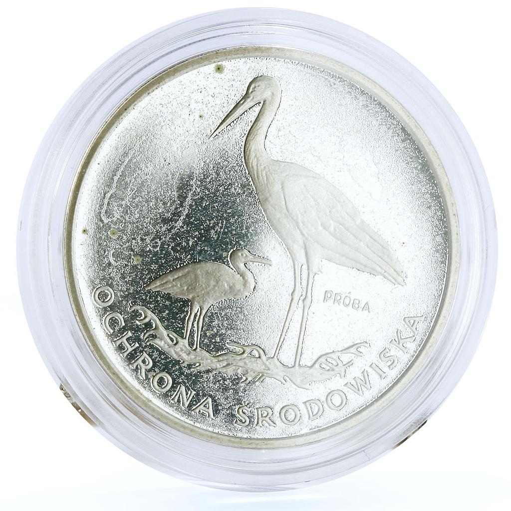 Poland 100 zlotych Endangered Wildlife Storks Birds Fauna proba silver coin 1982