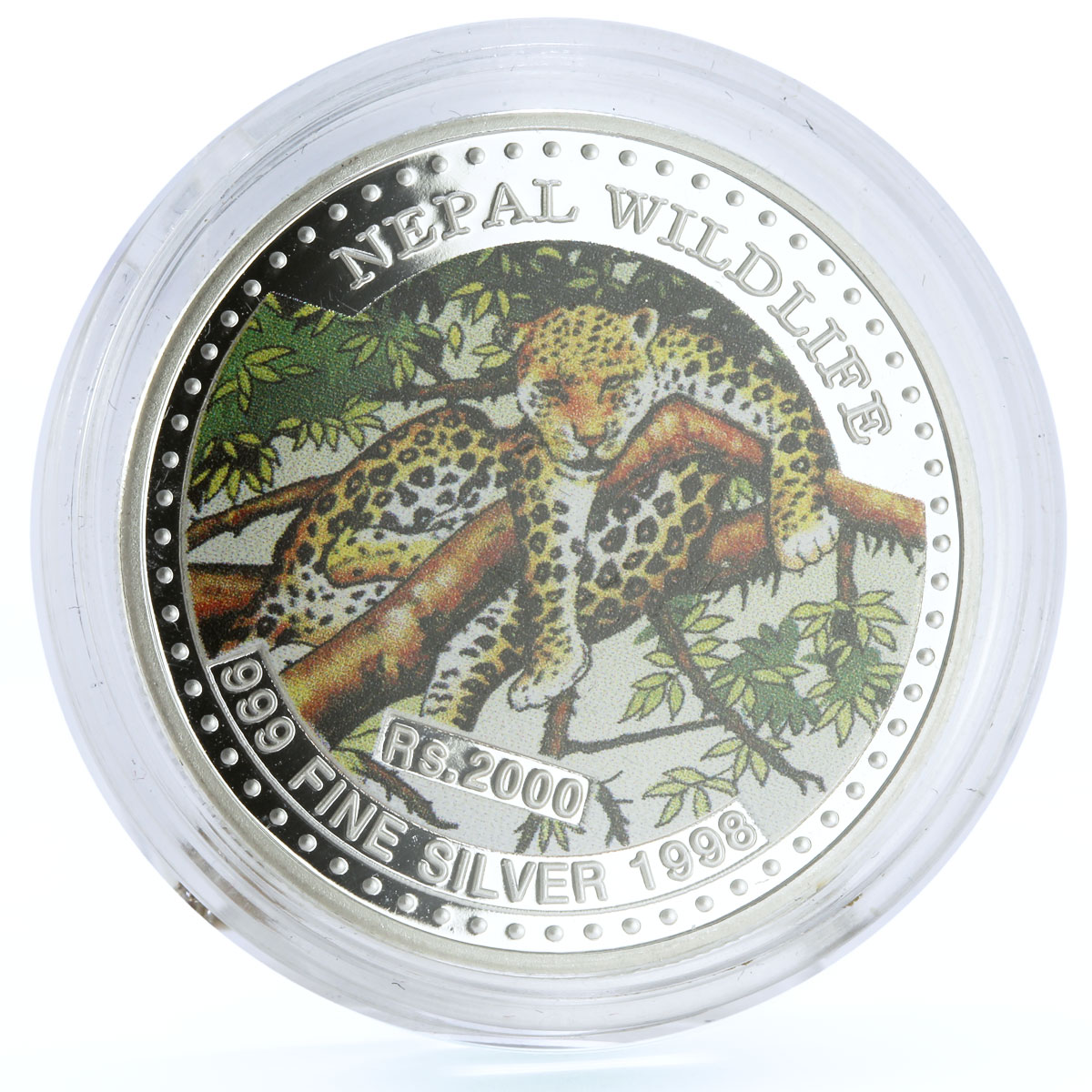 Nepal 2000 rupees Endangered Wildlife Leopard Animals Fauna colored Ag coin 1997