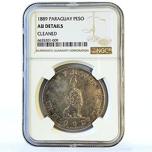 Paraguay 1 peso National Coat Lion NGC AU Details silver coin 1889