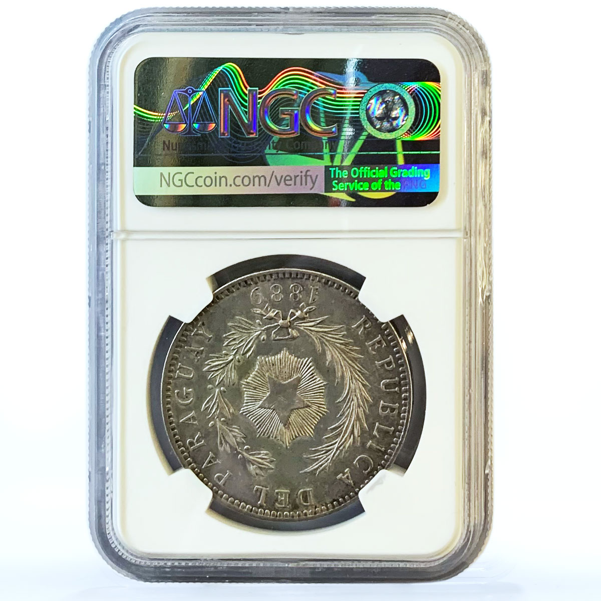 Paraguay 1 peso National Coat Lion NGC AU Details Cleaned silver coin 1889