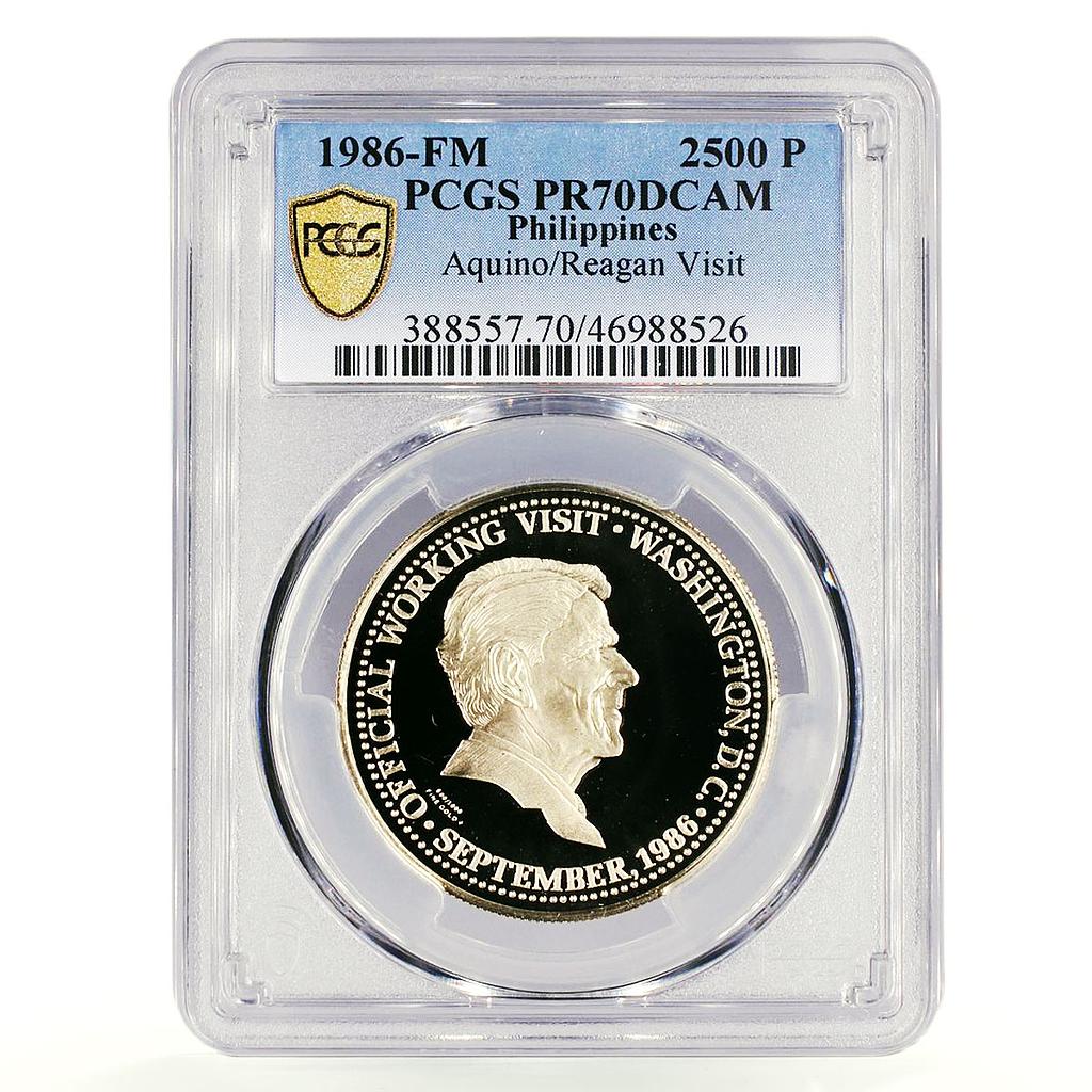 Philippines 2500 piso Aquino Reagan Visit Politics PR70 PCGS gold coin 1986