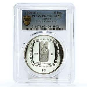 Mexico 5 pesos Precolombina Hacha Ceremonial Statue PR67 PCGS silver coin 1996