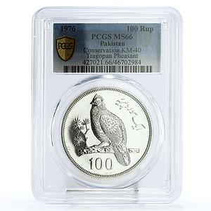 Pakistan 100 rupees Conservation Tragopan Pheasant Bird MS66 PCGS Ag coin 1976