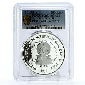 India 100 rupees International Yoga Day Praying Figure PR69 PCGS Ag coin 2015