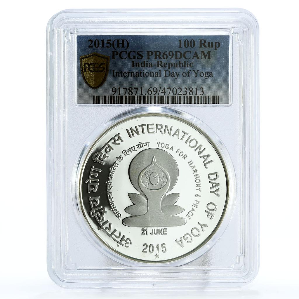 India 100 rupees International Yoga Day Praying Figure PR69 PCGS Ag coin 2015