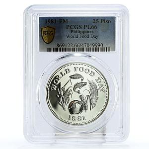 Philippines 25 piso FAO World Food Day Fish Fruits PL66 PCGS silver coin 1981