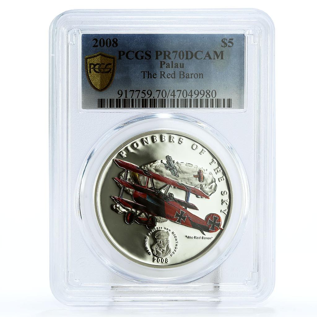Palau 5 dollars Red Baron Albrecht Richthofen Plane PR70 PCGS silver coin 2008