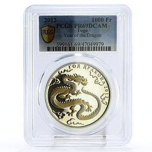 Togo 1000 francs Lunar Calendar Year of the Dragon PR69 PCGS gilded Ag coin 2012