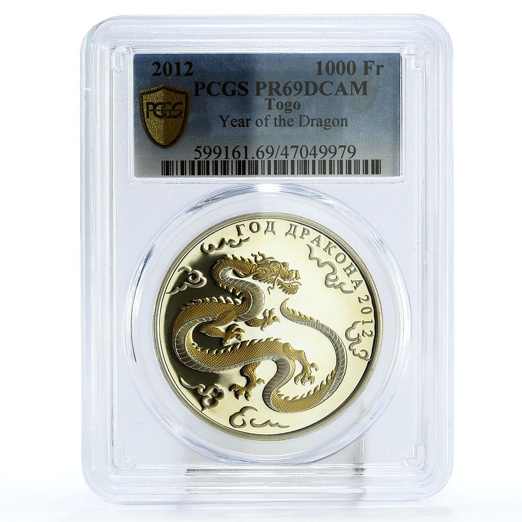 Togo 1000 francs Lunar Calendar Year of the Dragon PR69 PCGS gilded Ag coin 2012