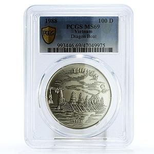 Vietnam 100 dong Historic Ship Large Dragon Ship MS69 PCGS silver coin 1988