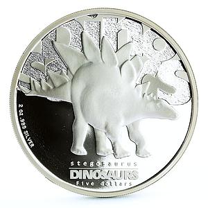 Tuvalu 5 dollars Prehistoric Animals Stegosaurus Dinosaur Fauna silver coin 2002
