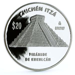 Mexico 20 pesos Chichen Itza El Castillo Kukulcan Pyramid proof silver coin 2007