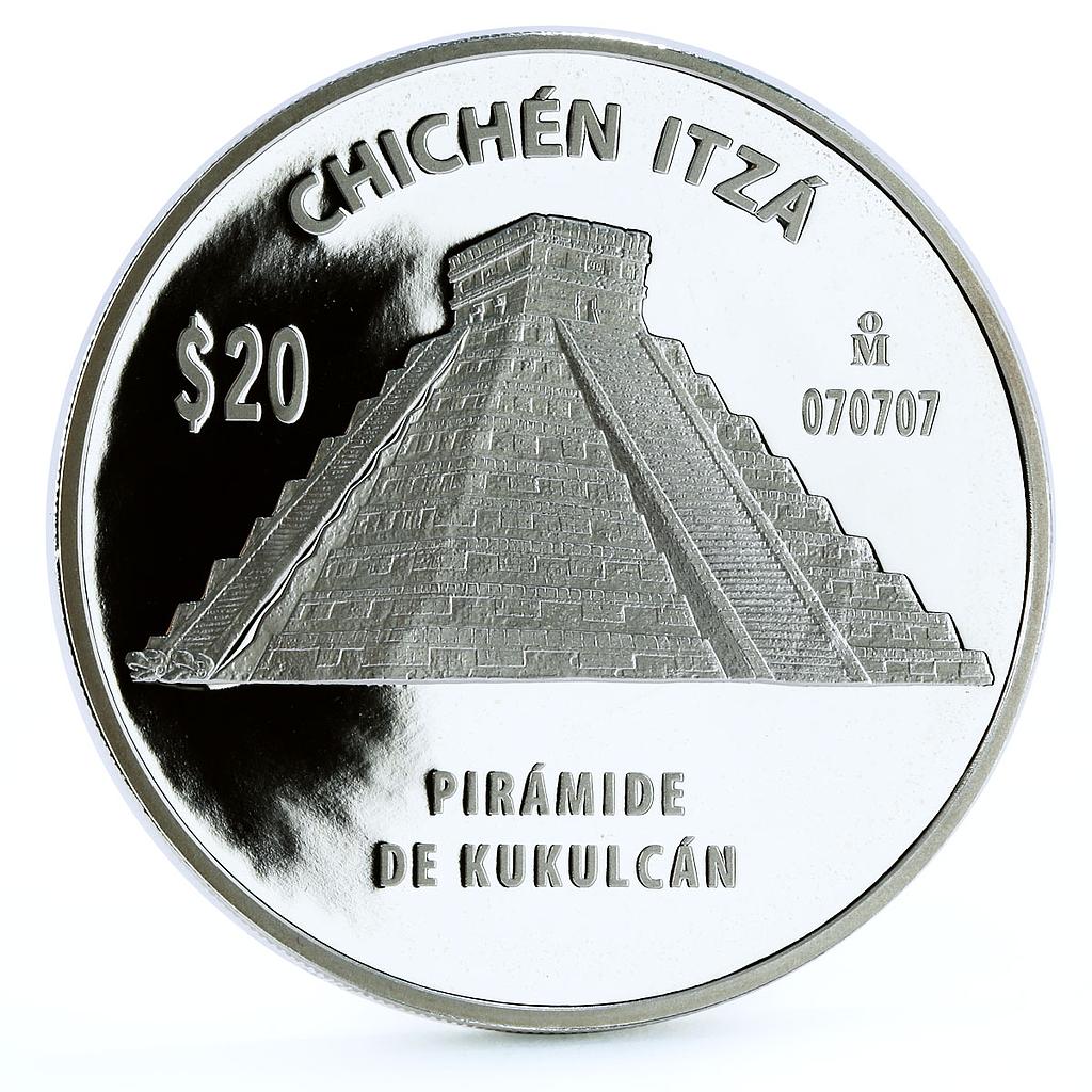 Mexico 20 pesos Chichen Itza El Castillo Kukulcan Pyramid proof silver coin 2007