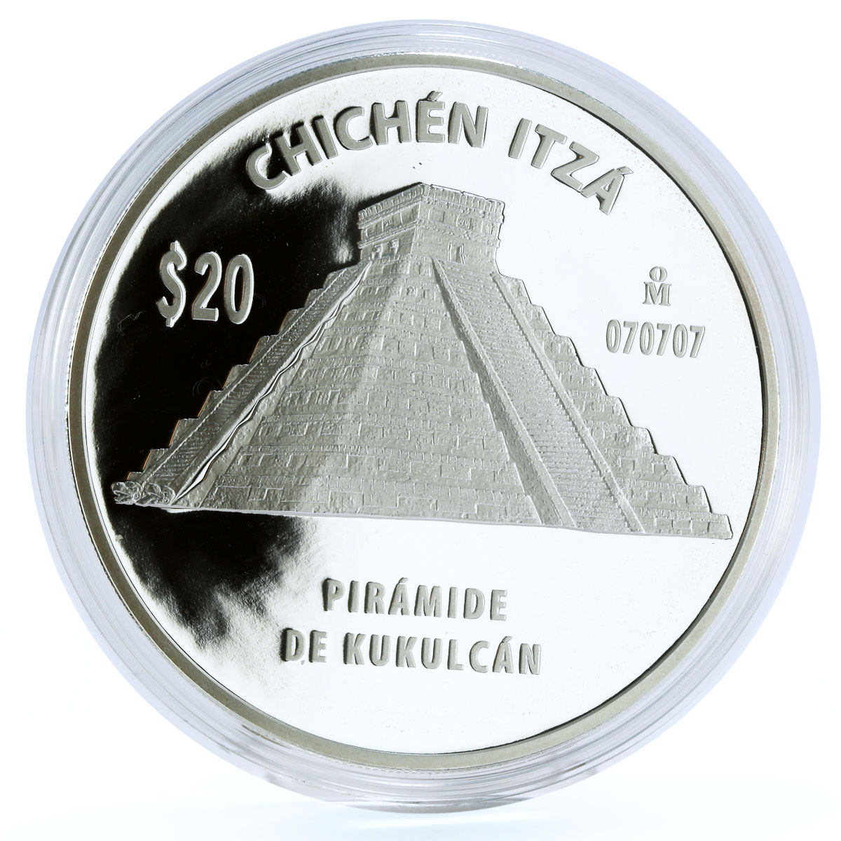 Mexico 20 pesos Chichen Itza El Castillo Kukulcan Pyramid proof silver coin 2007