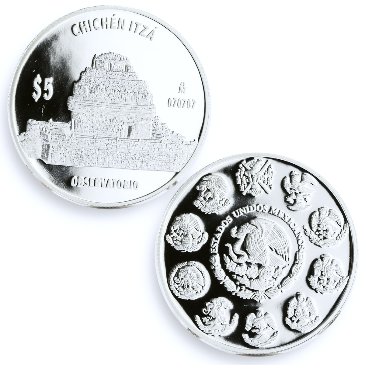 Mexico set of 5 coins Chichen Itza Buildings Architecture proof Ag coins 2007