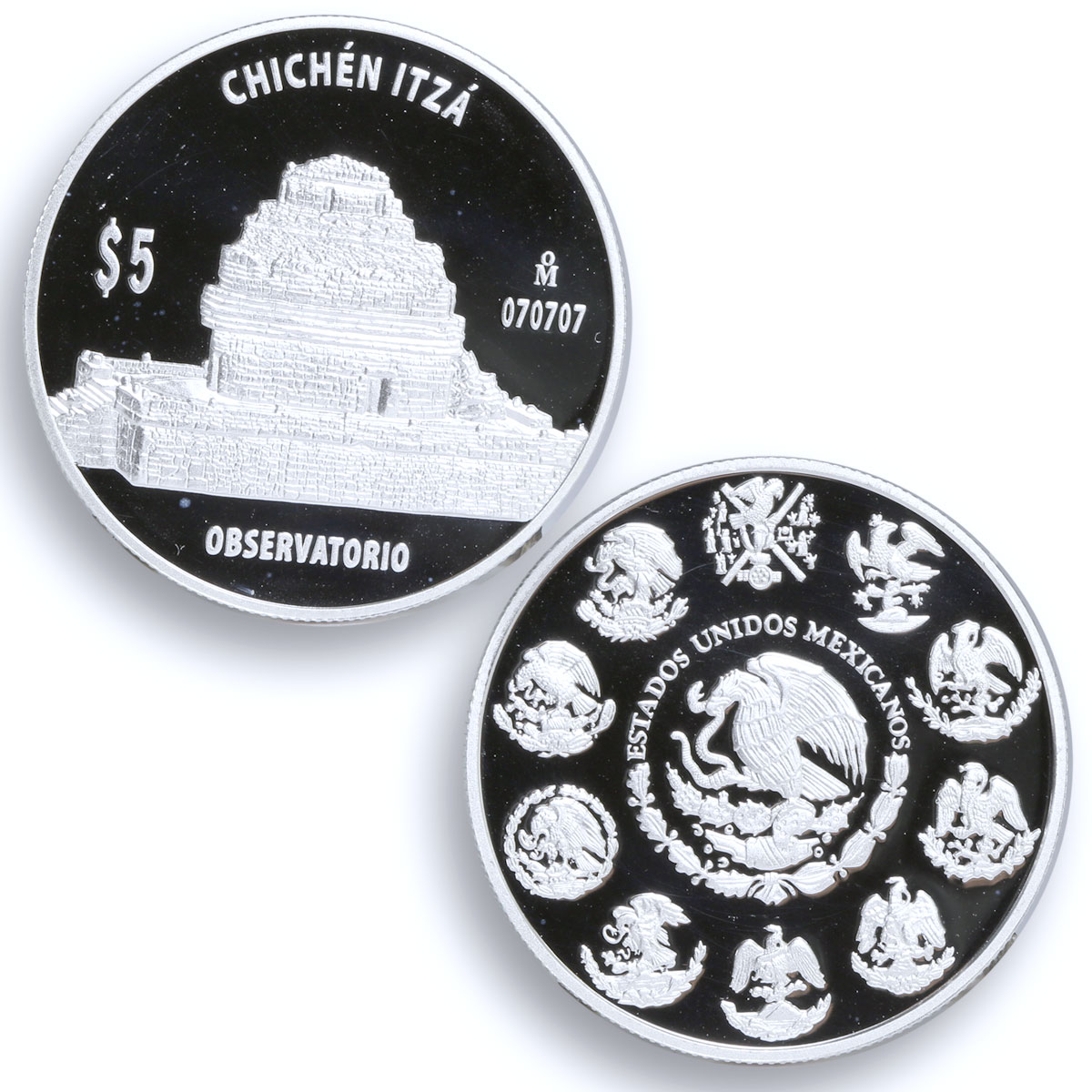 Mexico set of 5 coins Chichen Itza Buildings Architecture proof Ag coins 2007