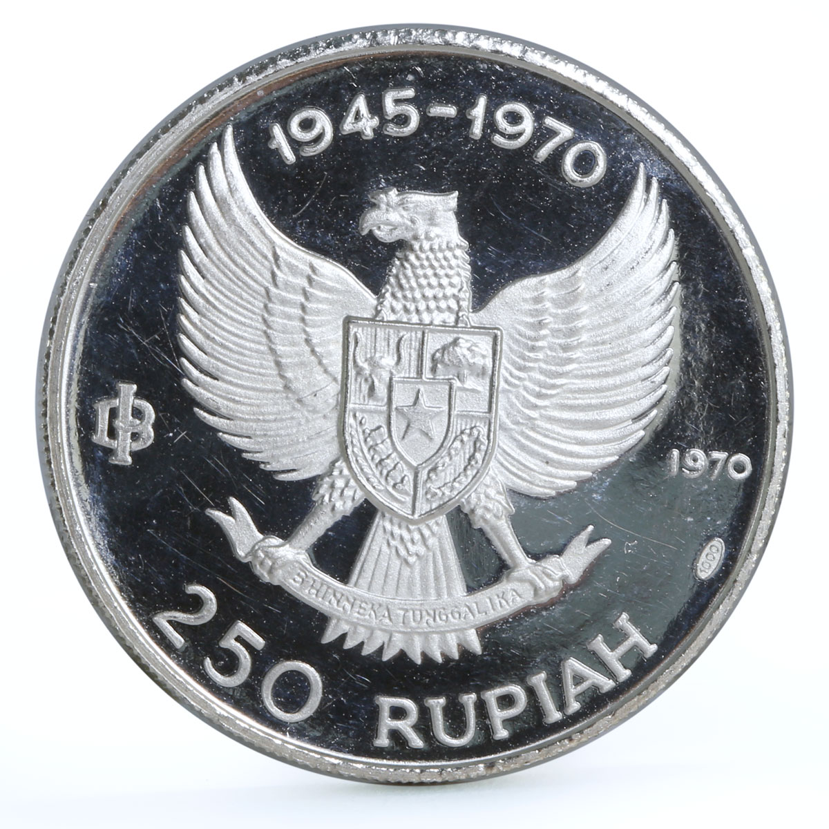 Indonesia 250 rupiah 25th Anniversary of Independence proof silver coin 1970