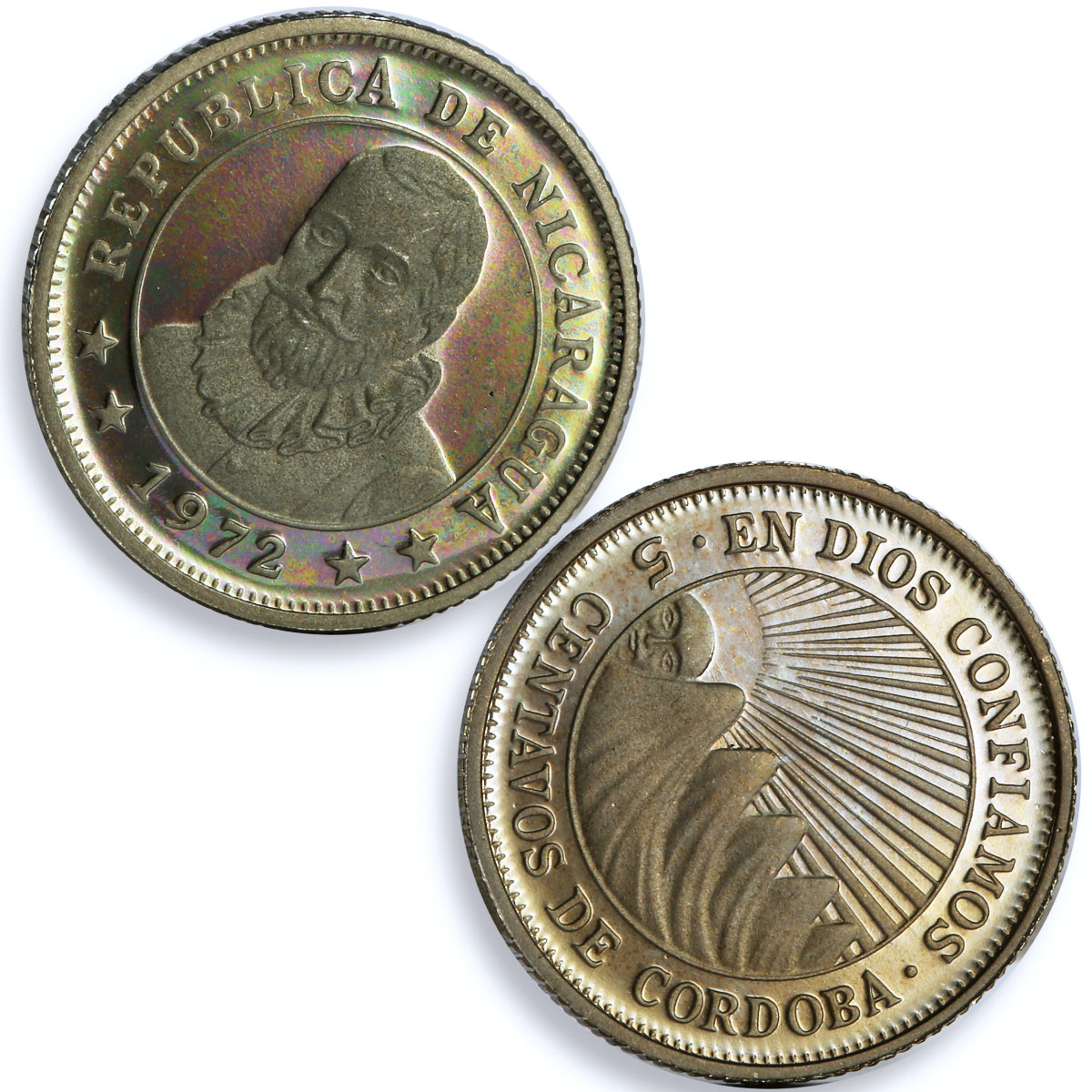 Nicaragua set of 5 coins State Coinage Rainbow Reflectivity CuNi coins 1972