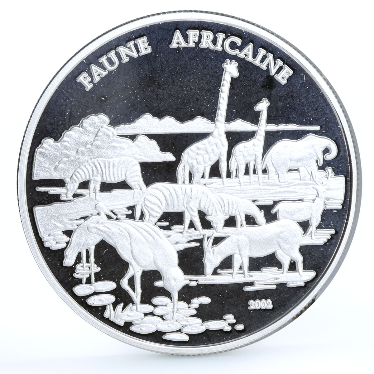 Congo 1000 francs African Fauna Animals Giraffes Elephants Zebras Ag coin 2002