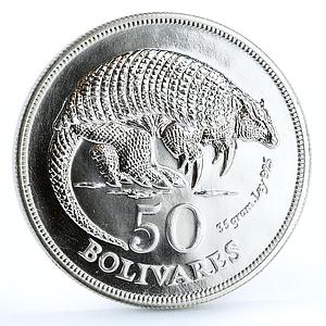 Venezuela 50 bolivares Endangered Wildlife Giant Armadillo silver coin 1975