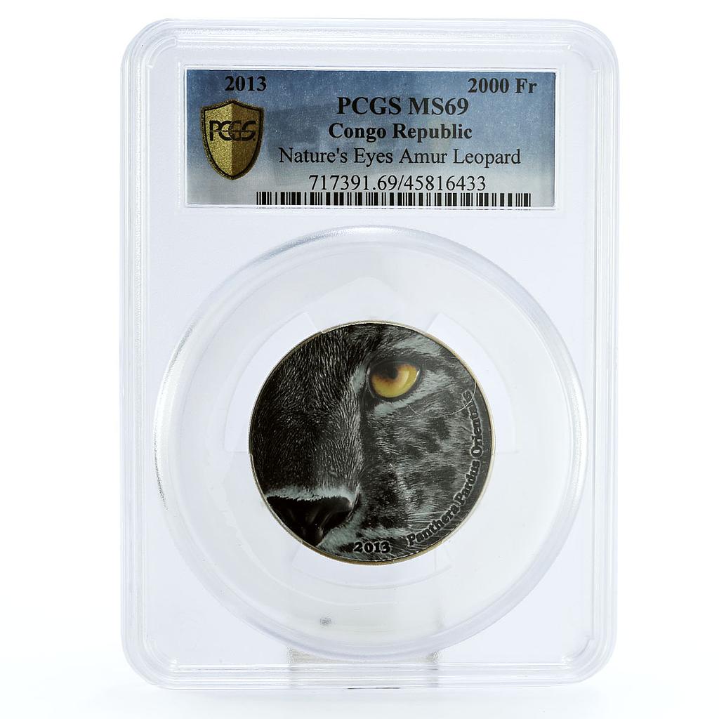 Congo 2000 francs Endangered Wildlife Leopard Cat Fauna MS69 PCGS Ag coin 2013