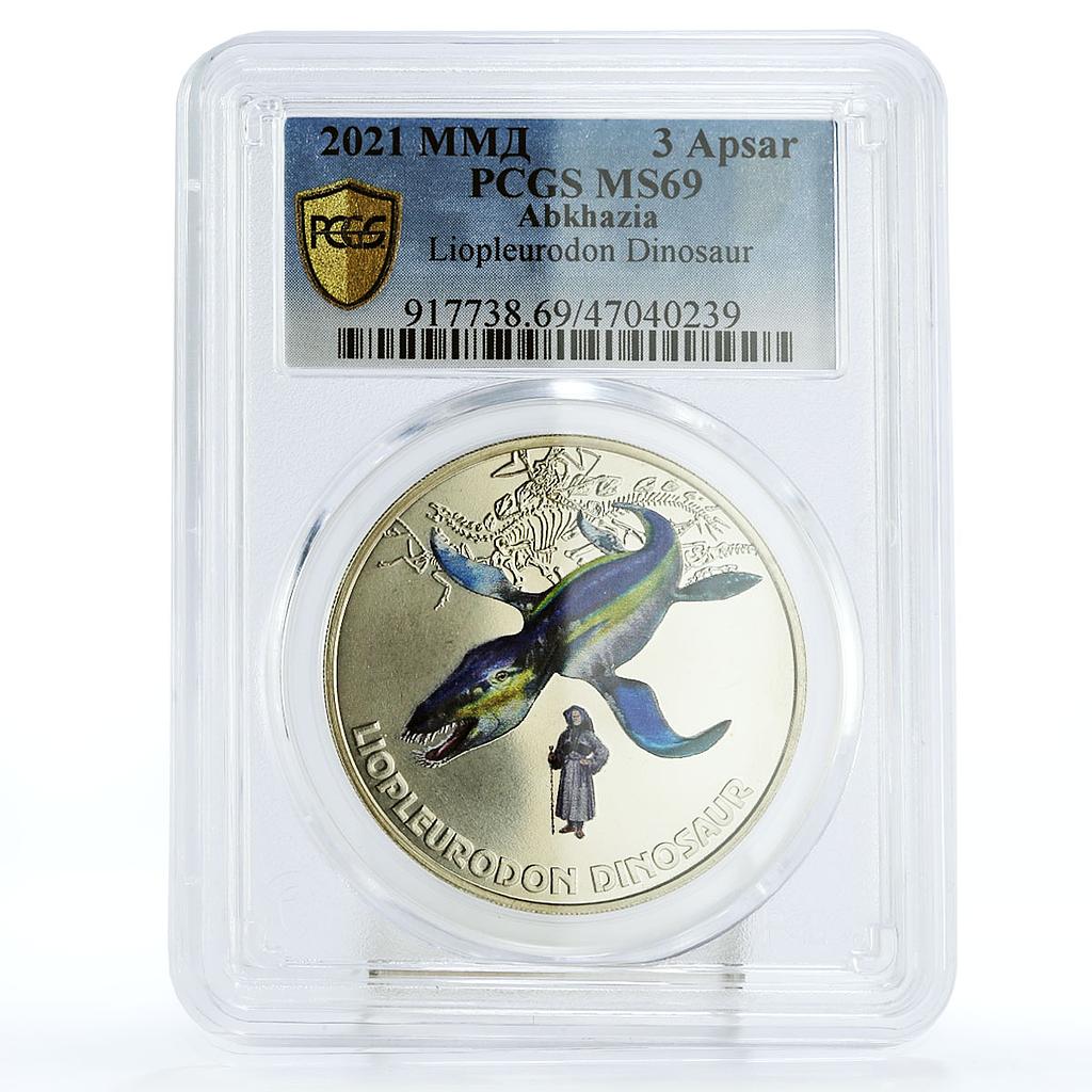 Abkhazia 3 apsars Prehistoric Fauna Liopleurodon Dinosaur MS69 PCGS Ni coin 2021