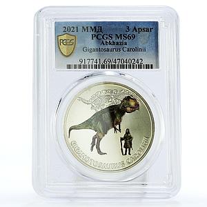 Abkhazia 3 apsars Prehistoric Fauna Gigantosaur Dinosaur MS69 PCGS Ni coin 2021