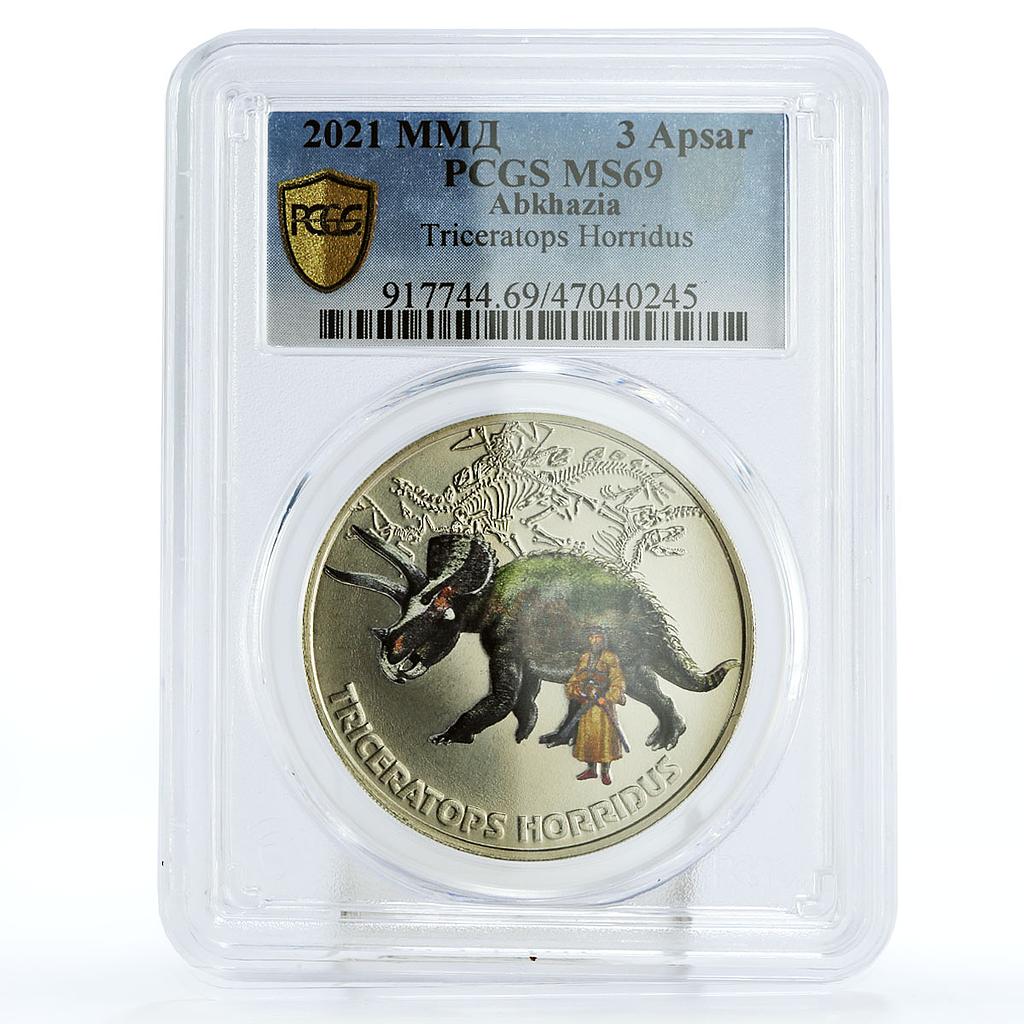 Abkhazia 3 apsars Prehistoric Fauna Triceratops Dinosaur MS69 PCGS Ni coin 2021