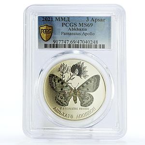 Abkhazia 3 apsars Parnassius Papilionidae Butterfly MS69 PCGS Ni coin 2021