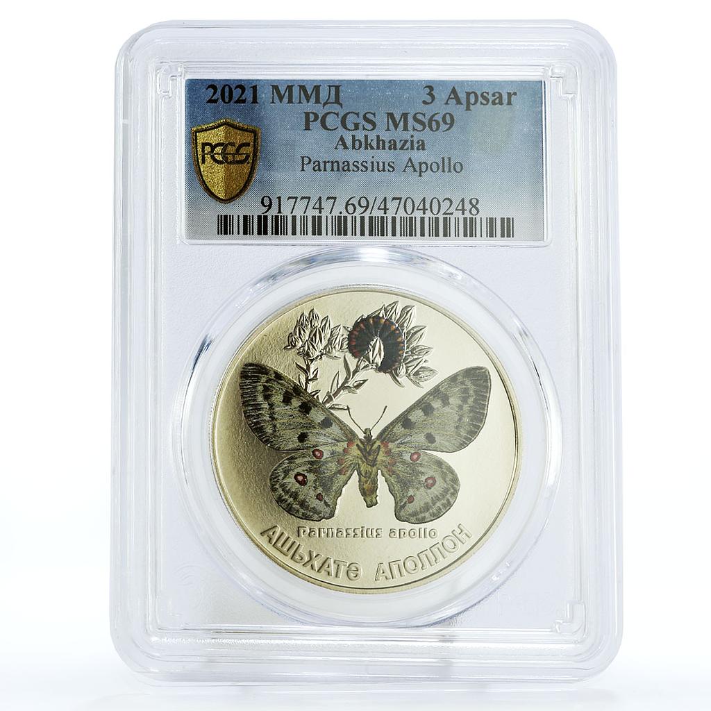 Abkhazia 3 apsars Parnassius Papilionidae Butterfly MS69 PCGS Ni coin 2021