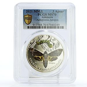 Abkhazia 3 apsars Local Fauna Acherontia Butterfly MS70 PCGS Ni coin 2021