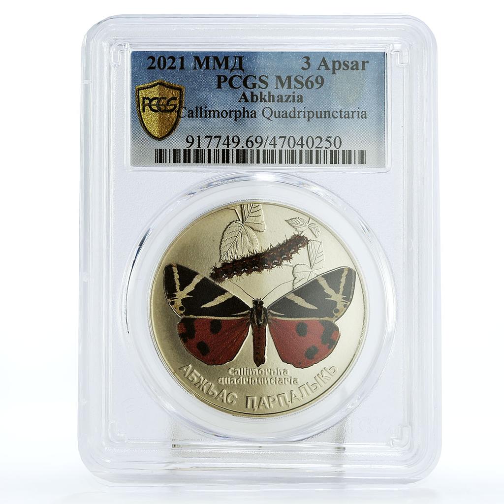 Abkhazia 3 apsars Local Fauna Callimorpha Butterfly MS69 PCGS Ni coin 2021