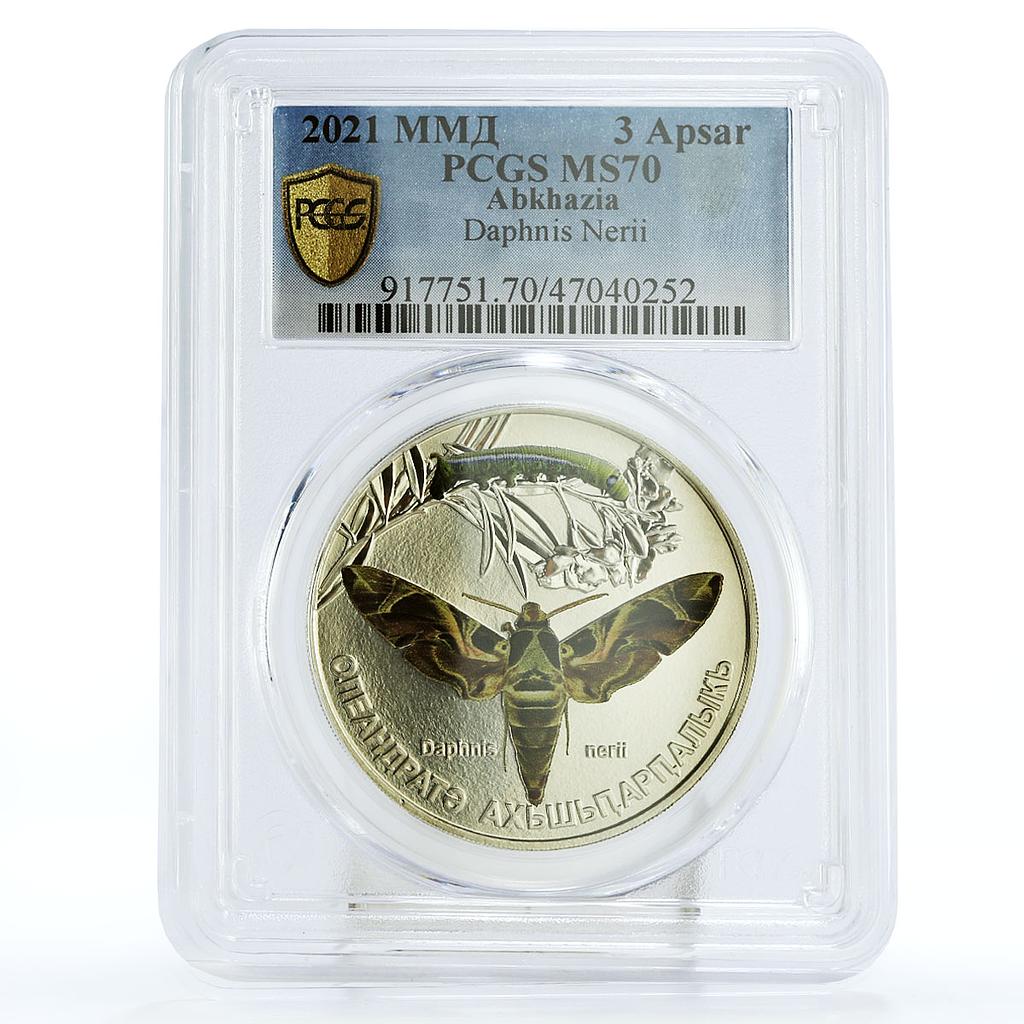 Abkhazia 3 apsars Local Fauna Daphnis Nerii Butterfly MS70 PCGS Ni coin 2021