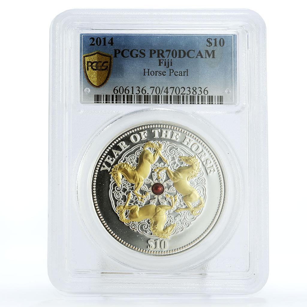 Fiji 10 dollars Lunar Year of the Horse Pearl PR70 PCGS gilded silver coin 2014