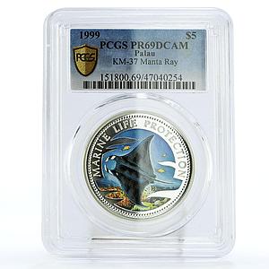 Palau 5 dollars Marine Life Protection Manta Ray Fauna PR69 PCGS Ag coin 1999