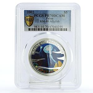 Palau 5 dollars Marine Life Protection Jellyfish Fauna PR70 PCGS Ag coin 2002