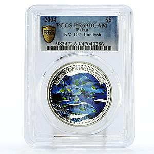 Palau 5 dollars Marine Life Protection Blue Fish Fauna PR69 PCGS Ag coin 2004