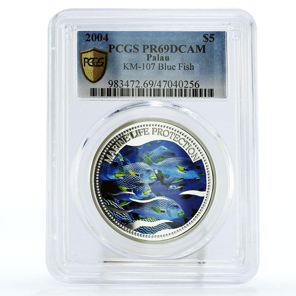 Palau 5 dollars Marine Life Protection Blue Fish Fauna PR69 PCGS Ag coin 2004