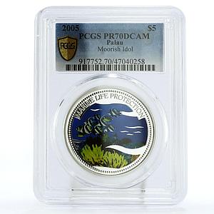 Palau 5 dollars Marine Life Protection Moorish Idol Fauna PR70 PCGS Ag coin 2005