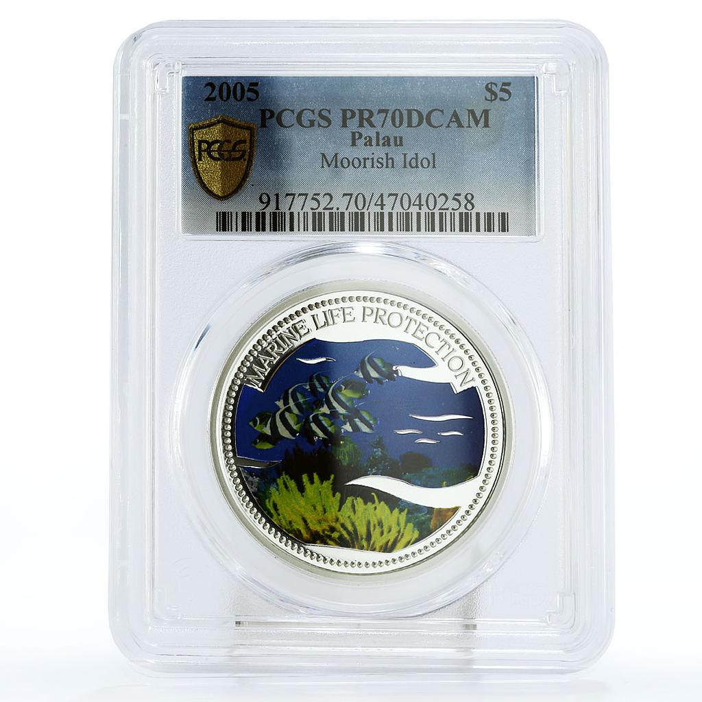 Palau 5 dollars Marine Life Protection Moorish Idol Fauna PR70 PCGS Ag coin 2005