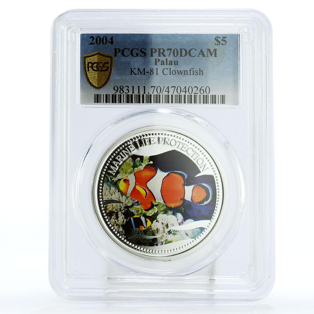 Palau 5 dollars Marine Life Protection Clownfish Fauna PR70 PCGS Ag coin 2004