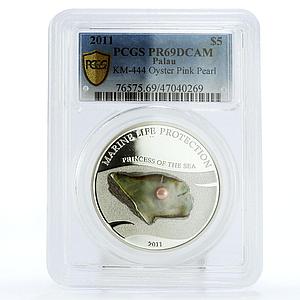 Palau 5 dollars Sea Treasures Oyster Pink Pearl PR69 PCGS silver coin 2011