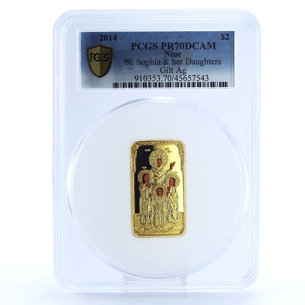 Niue 2 dollars Orthodox Saints St Sophia Daughters PR70 PCGS gilded Ag coin 2014