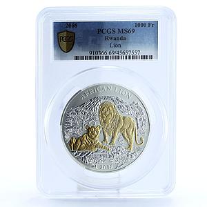 Rwanda 1000 francs Endangered Wildlife Lion MS69 PCGS gilded silver coin 2008