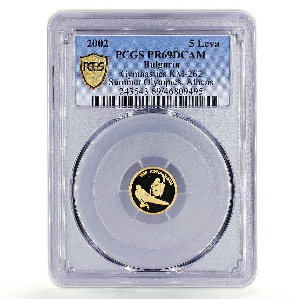 Bulgaria 5 leva Athens Olympic Games Gymnastics Sports PR69 PCGS gold coin 2002